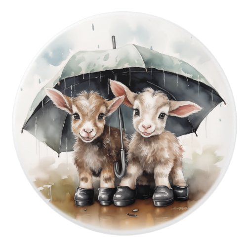 Adorable Baby Goats in the Rain Ceramic Knob