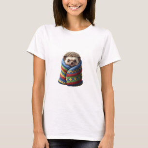 Adorable Baby Hedgehog Wrapped in a Colorful Knitt T-Shirt