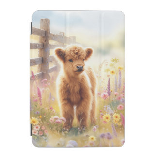 Adorable Baby Highland Cow In Flower Field iPad Mini Cover