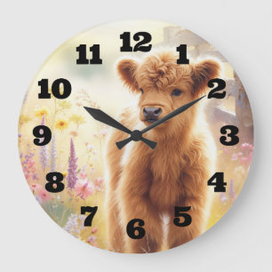 Adorable Baby Highland Cow In Flower Field Large Clock