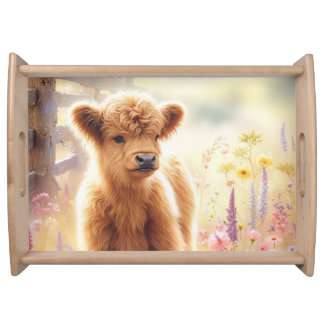 Adorable Baby Highland Cow In Flower Field Serving Tray