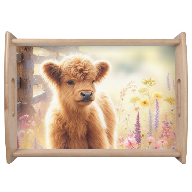 Adorable Baby Highland Cow In Flower Field Serving Tray (Front)