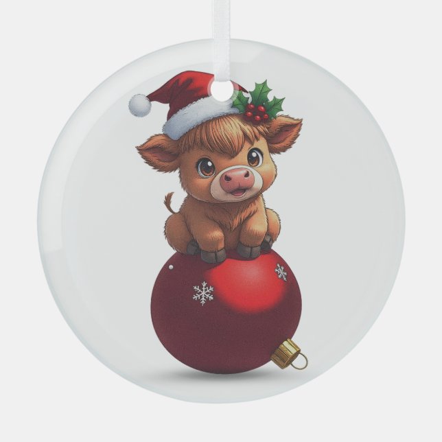 adorable baby highland cow sitting glass ornament (Front)