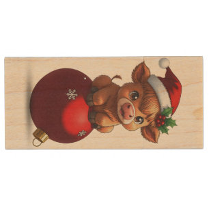 adorable baby highland cow sitting wood flash drive