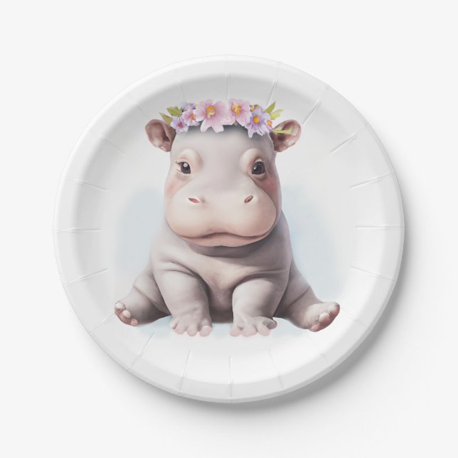 Adorable Baby Hippopotamus Paper Plates (Front)