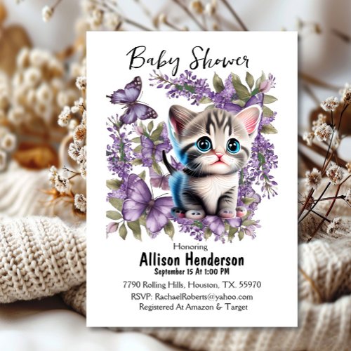 Adorable Baby Kitten And Butterflies Baby Shower  Invitation