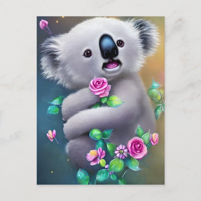 Adorable Baby Koala Bear with Flowers Postcard (Front)