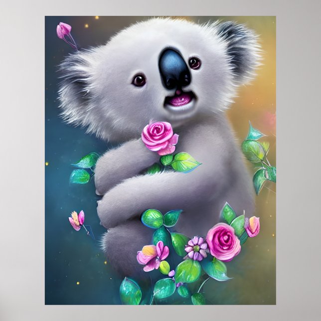 Adorable Baby Koala Bear with Flowers Poster (Front)