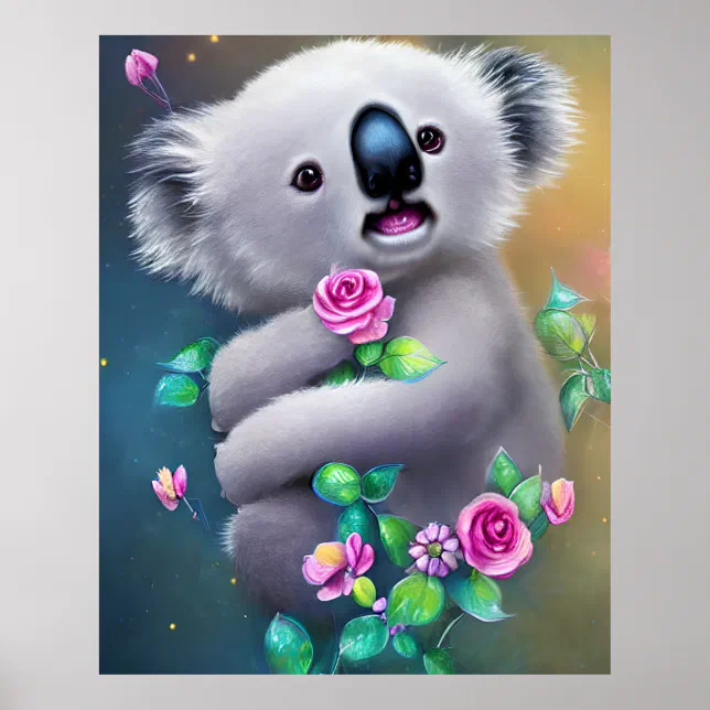 Adorable Baby Koala Bear with Flowers Poster | Zazzle