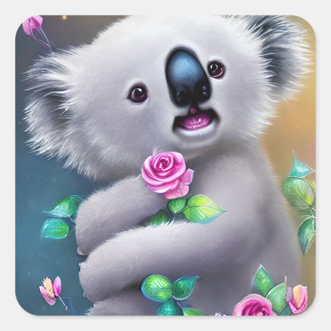 Adorable Baby Koala Bear with Flowers Square Sticker (Front)