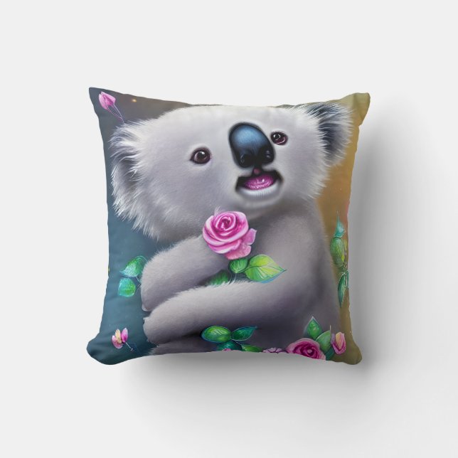 Adorable Baby Koala Bear with Flowers Throw Pillow (Front)