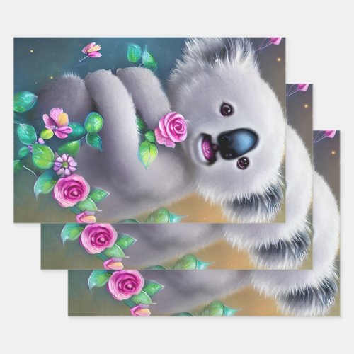 Adorable Baby Koala Bear with Flowers Wrapping Paper Sheets