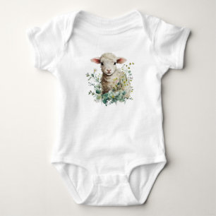 Adorable Baby Lamb with Flowers Bodysuit