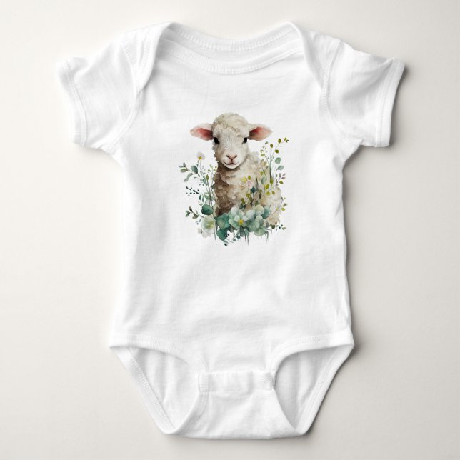 Adorable Baby Lamb with Flowers Bodysuit (Front)
