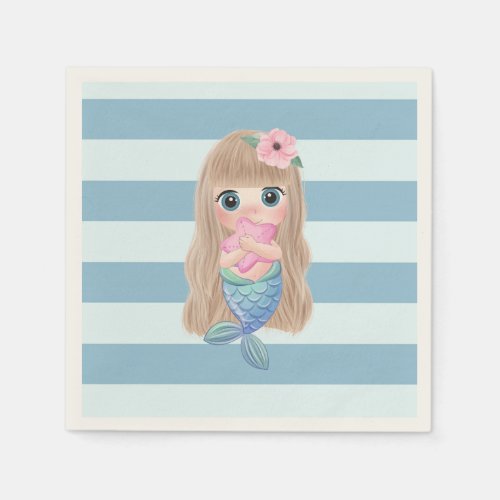 Adorable Baby Mermaid on Light Blue Stripes Napkins