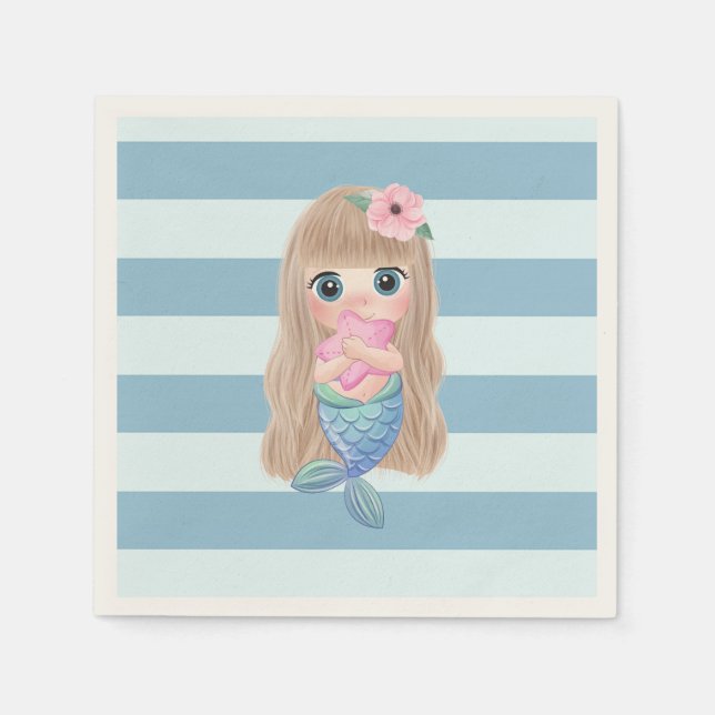 Adorable Baby Mermaid on Light Blue Stripes Napkins (Front)