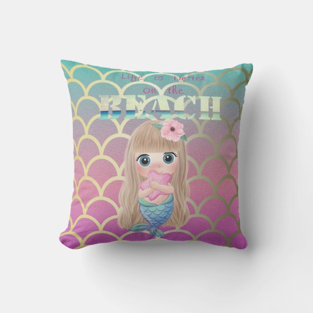 Adorable Baby Mermaid OnMermaid Tail Scales Throw Pillow (Front)