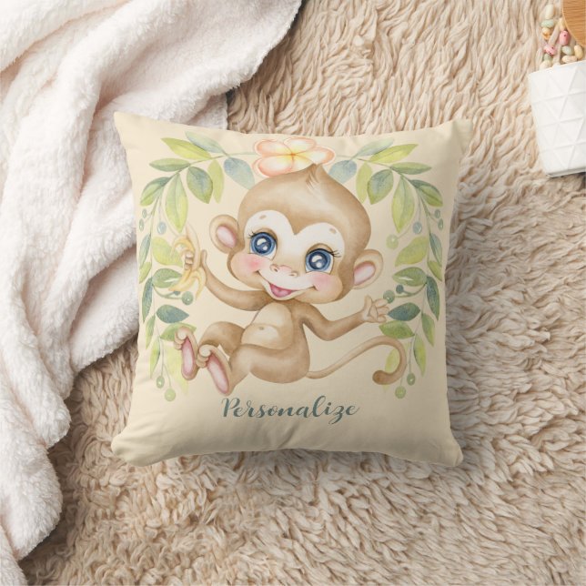 Adorable Baby Monkey Cute Jungle Animal Throw Pillow (Blanket)