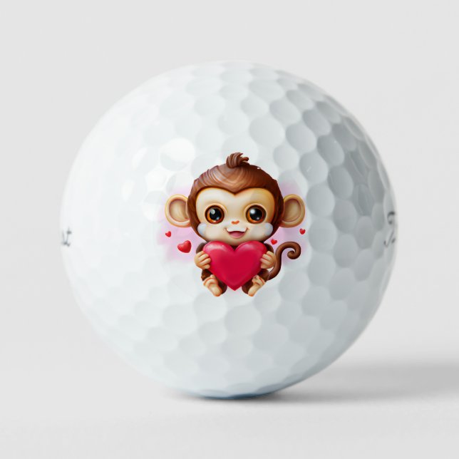 Adorable Baby Monkey Holding a Red Heart Golf Balls (Front)
