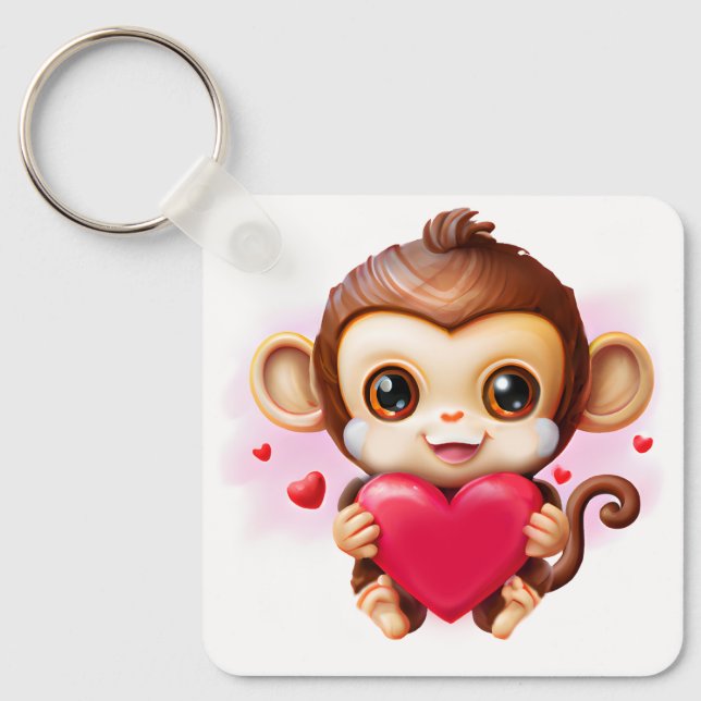 Adorable Baby Monkey Holding a Red Heart Keychain (Front)