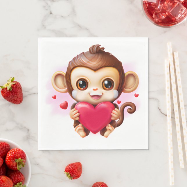 Adorable Baby Monkey Holding a Red Heart Napkins (Insitu)