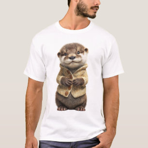Adorable Baby Otter in a Cozy Knitted Cardigan T-Shirt
