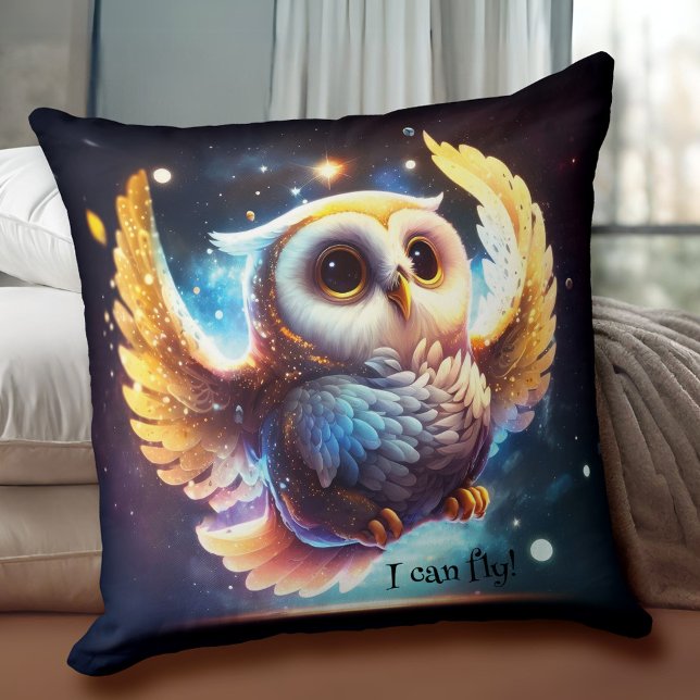 Adorable Baby Owl Bird Throw Pillow (Pillow featuring a cute little owl learning to fly. An adorable pillow for a child's room.)