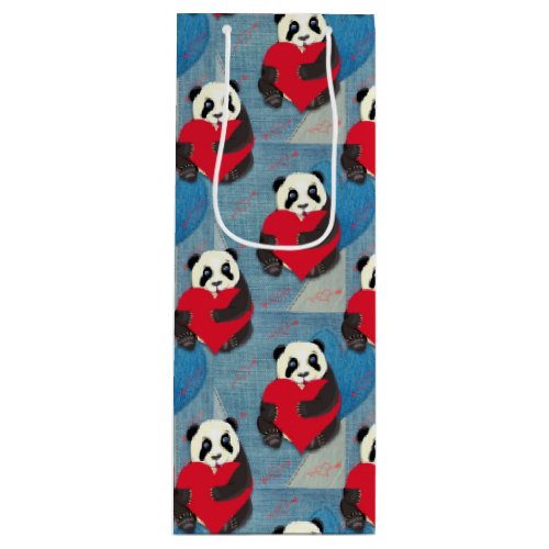 Adorable baby Panda Bear Hugging a Big Red Heart Wine Gift Bag