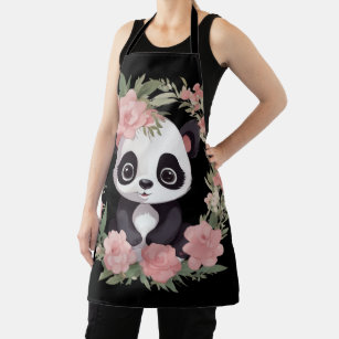 Adorable Baby Panda Bear with Flowers Apron