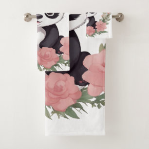 Adorable Baby Panda Bear with Flowers Bath Towel Set