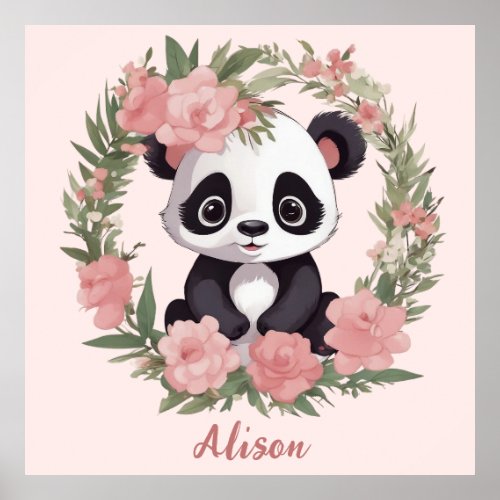 Adorable Baby Panda Bear with Flowers Poster