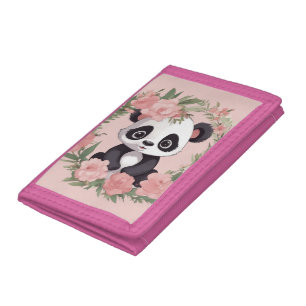 Adorable Baby Panda Bear with Flowers Tri-fold Wallet