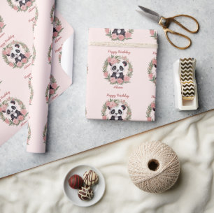 Adorable Baby Panda Bear with Flowers Wrapping Paper
