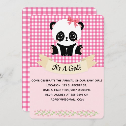Adorable Baby Panda Pink Baby Shower Invitations