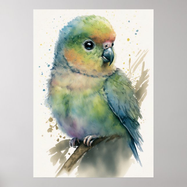 Adorable Baby Parrot Watercolor Nursery Poster (Front)