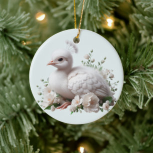 Adorable Baby Peacock & Flowers: Nature's Delight Ceramic Ornament
