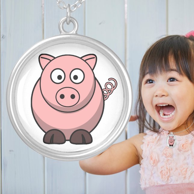 Adorable Baby Pig Cartoon Cute Farm Animal Silver Plated Necklace (Adorable Baby Pig Cartoon Cute Farm Animal Silver Plated Necklace)