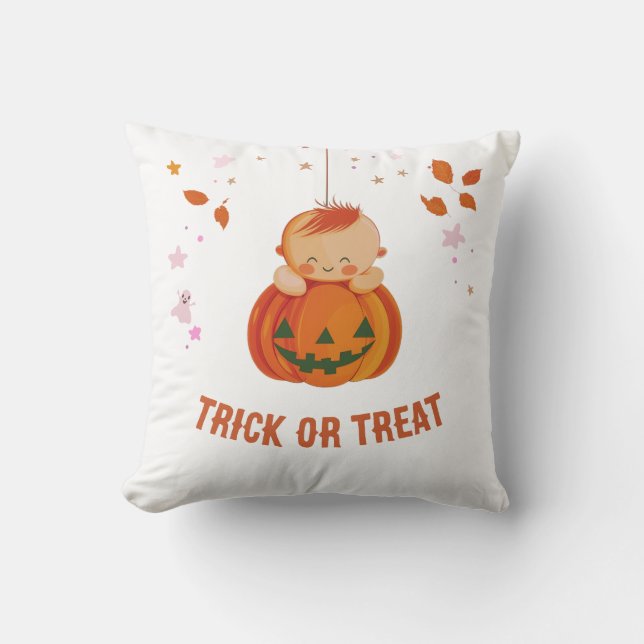 Adorable Baby Pumpkin Trick or Treat Halloween Throw Pillow (Front)
