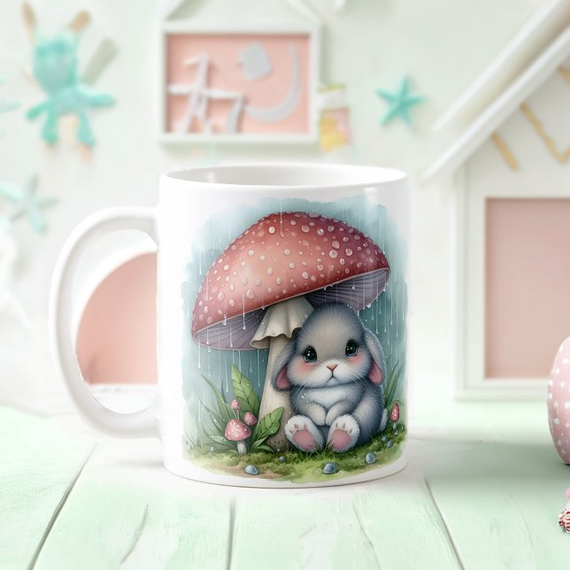 Adorable Baby Rabbit Under Mushroom Umbrella Coffee Mug (Creator Uploaded)