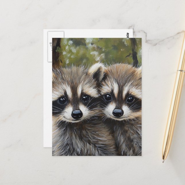 Adorable Baby Raccoons Postcard (Front/Back In Situ)