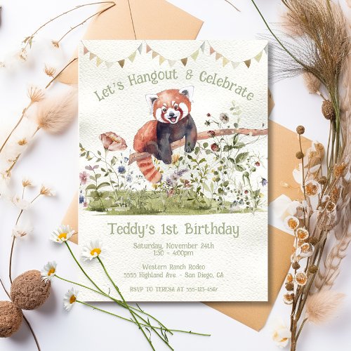 Adorable Baby Red Panda Bear 1st Birthday Party In Invitation