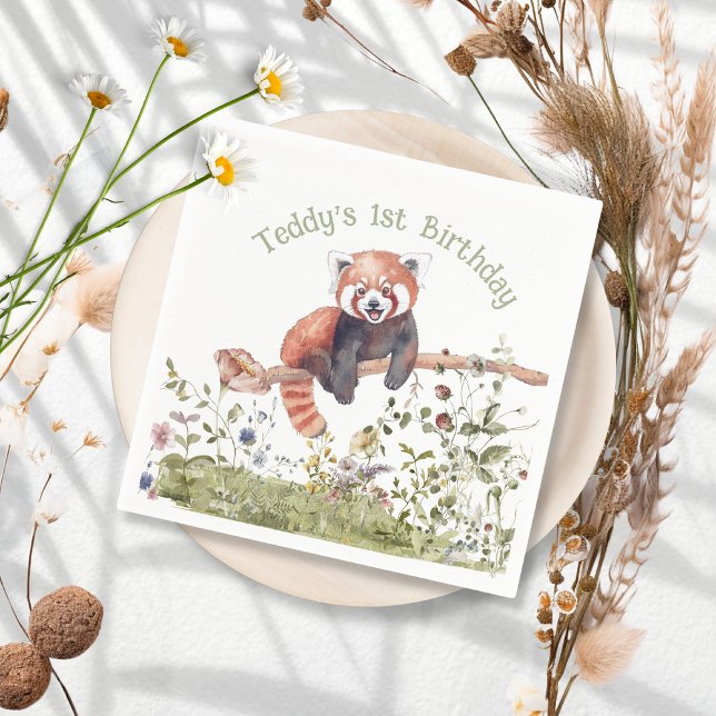 Adorable Baby Red Panda Bear 1st Birthday Party Napkins (Creator Uploaded)