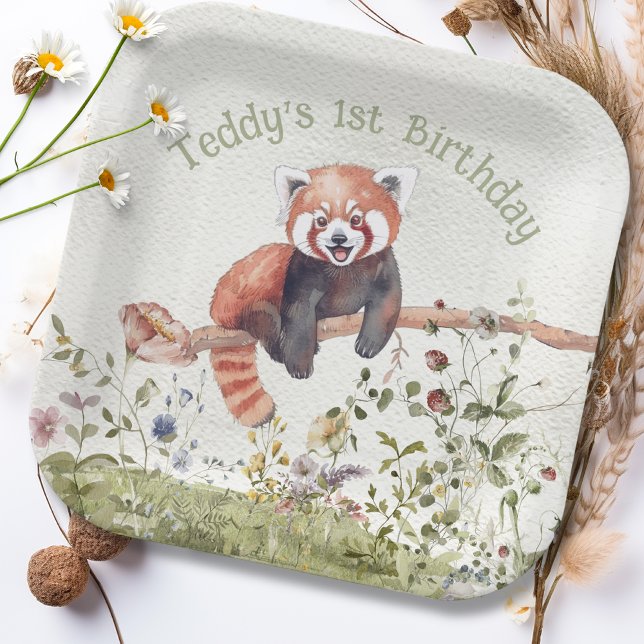 Adorable Baby Red Panda Bear 1st Birthday Party Paper Plates (Creator Uploaded)