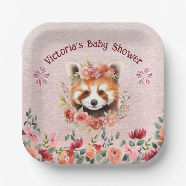 Adorable Baby Red Panda Bear Baby Shower Paper Plates (Front)