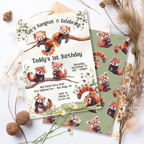 Adorable Baby Red Panda Bear Birthday Party Invitation