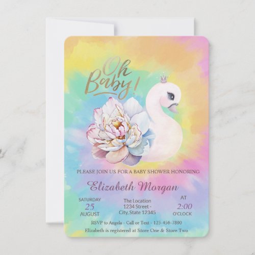 Adorable Baby Swan Tie Dye Baby Shower   Invitation