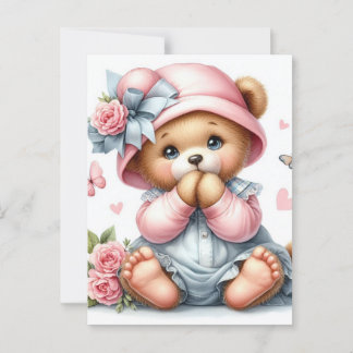 Adorable baby teddy bear with pink hat and bow postcard