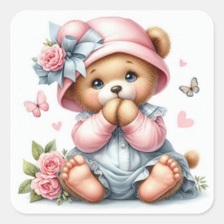Adorable baby teddy bear with pink hat and bow square sticker