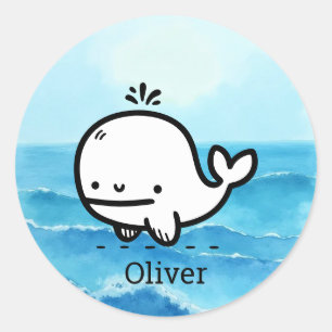 Adorable Baby Whale - Kawaii Sea Creature Line Art Classic Round Sticker