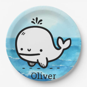Adorable Baby Whale - Kawaii Sea Creature Line Art Paper Plates